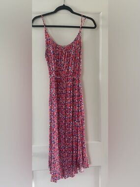 J.Crew Factory Ruffle Midi Curved Hem Red & Blue Floral Size 10